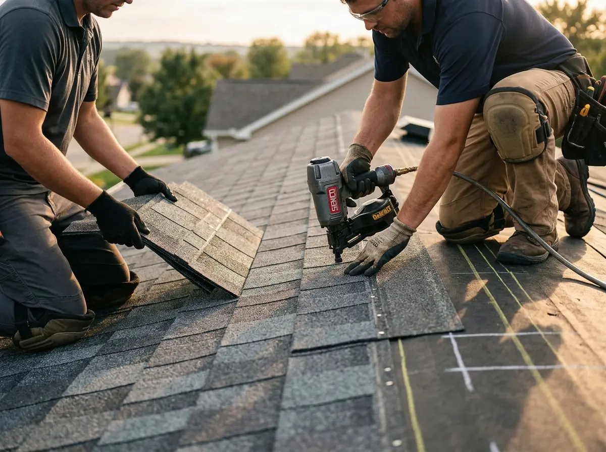 Professional roofer working on a residential roof in New Berlin